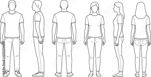 Full body front, side and back view of a man and a woman wearing tshirt and jeans isolated on white background