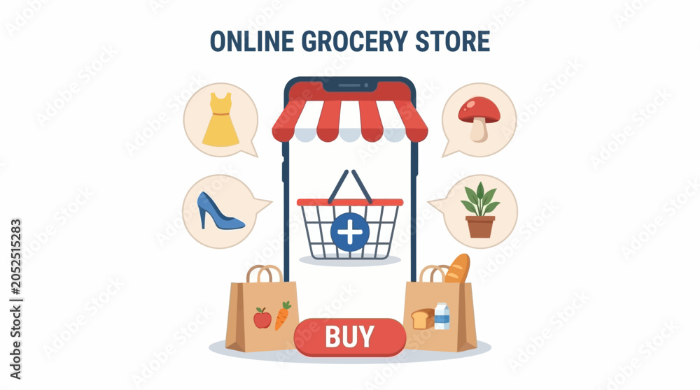 Naklejka premium Flat lay of online grocery store icons with shopping bag and buy button on white background