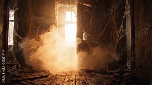 Ancient wooden door creaking open inside abandoned haunted house with cobwebs and mist