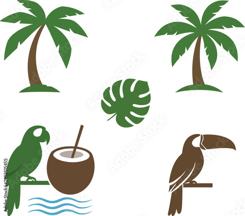 Tropical summer vector illustration set with palm trees and birds