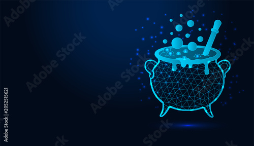 Polygonal low poly wireframe witch cauldron boiling magic potion on dark blue background.