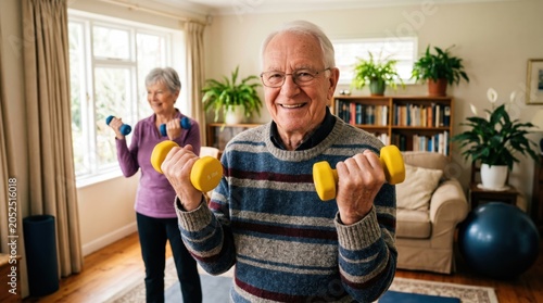 Active Seniors at Home: A smiling elderly man holds dumbbells while exercising in a bright, sunlit living room, with a woman in the background also engaged in fitness.