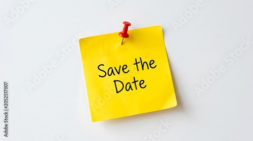 Yellow sticky note with the text save the date pinned on a white background