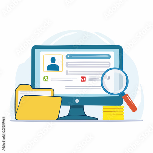 Computer screen with data, folder, magnifying glass and coins