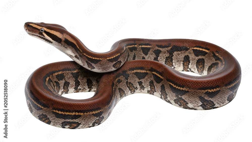 Obraz premium Brown patterned python coiled on white