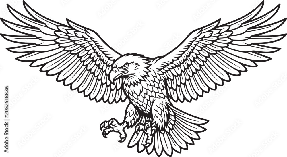 Fototapeta premium Flying Eagle in Mid-Air with Outstretched Wings Silhouette Black and White Illustration