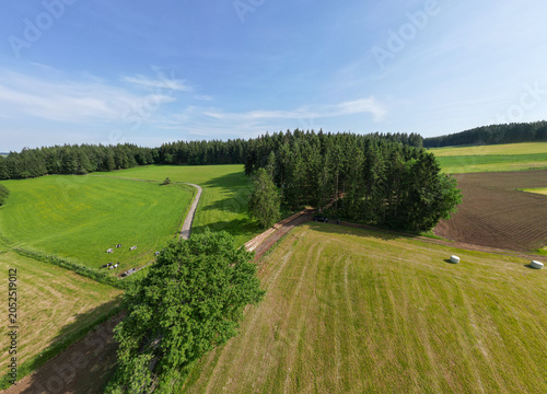 Cuadro en lienzo Aerial view of rural farmland countryside in Thommen, België with green fields,