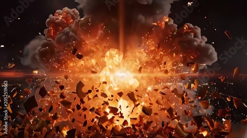Halloween pumpkin exploding into pieces with fire sparks and smoke
