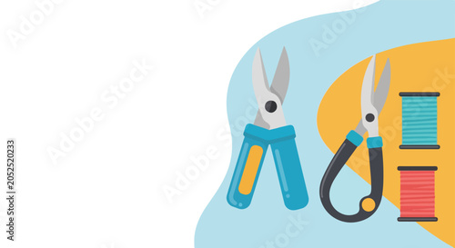 Vector illustration featuring two pairs of sewing scissors and two spools of thread on a blue and yellow background with white copy space.