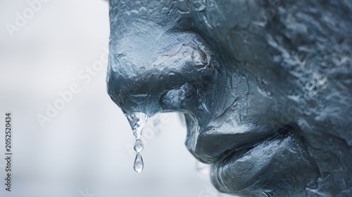 Ice sculpture shaped like human face slowly melting, water drops, emotional realism 