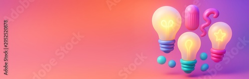 Colorful glowing light bulbs and abstract shapes on gradient background with ...