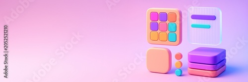 Colorful abstract UI elements with soft 3D shapes on pink gradient background...