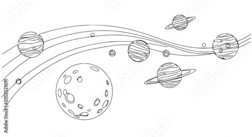 Fotografija Stylized Solar System Line Art: Planets Orbiting in Space, Celestial Bodies