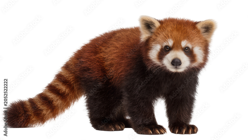 Obraz premium Red panda with striped tail standing on white