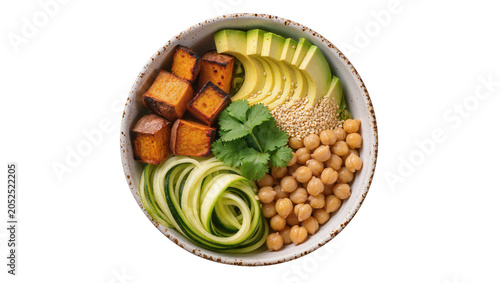 Buddha bowl with roasted sweet potato avocado chickpeas zucchini noodles sesame seeds, and cilantro