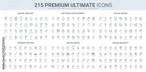 Quadro em tela Cybersecurity, digital media, online services and mobile app line icon set