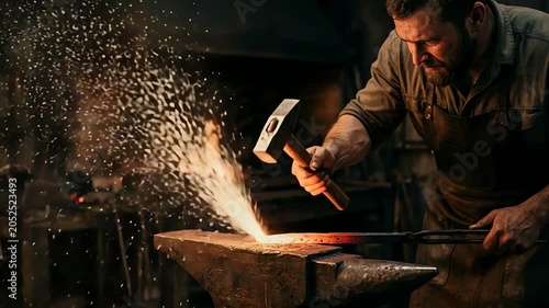 Skilled blacksmith forging metal in a workshop, sparks flying, with tools and equipment visible