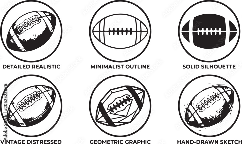 Fototapeta premium Set of six american football ball icons featuring various design styles like realistic silhouette outline and hand drawn