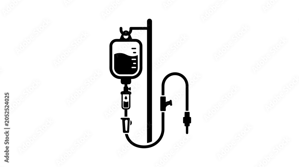Naklejka premium Intravenous drip bag hangs from a stand to deliver medical fluids during a clinical treatment process.