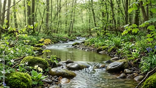 Serene forest stream surrounded by vibrant wildflowers and lush greenery in springtime