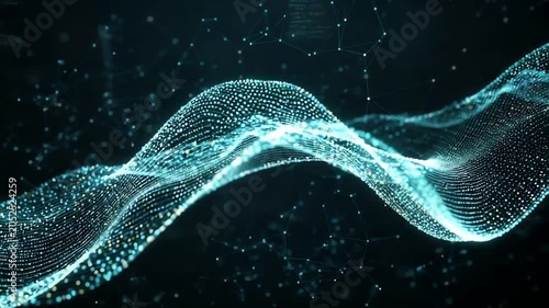 Abstract wave pattern with glowing particles representing digital data flow in a dark background