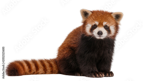 Foto Red panda with bushy striped tail sitting