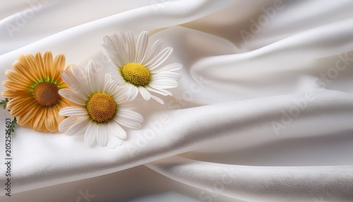 Two Delicate Wildflowers Rest On Flowing White Satin Fabric Creating A Serene Elegant Composition