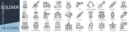 Fotografía Set of 30 outline icons related to soldier