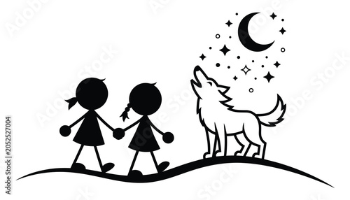 Obraz na płótnie Cute stick figure kids with a dog gazing at the crescent moon and sparkling star