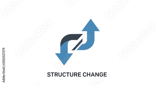 A blue and dark gray icon representing a concept of structural change