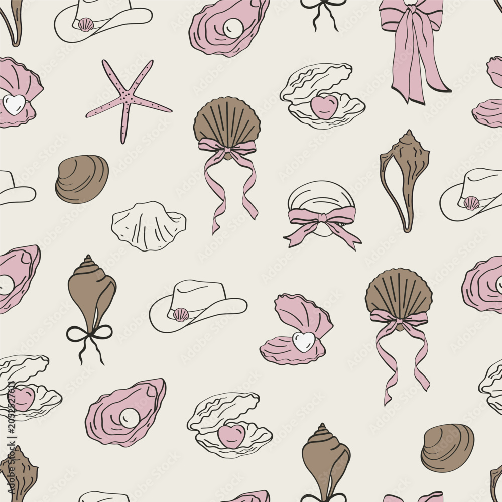 Fotografie Seashell conch oyster sketch doodle hand drawn seamless pattern