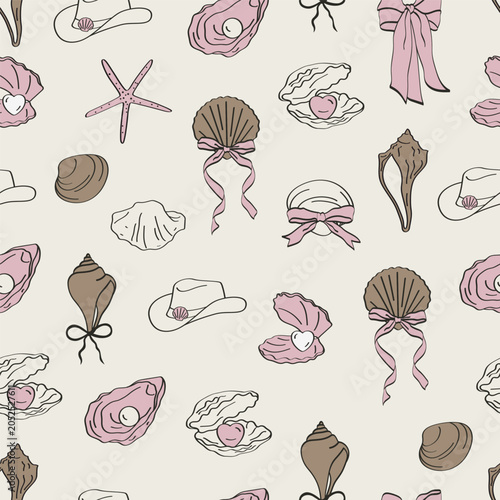 Fotografía Seashell conch oyster sketch doodle hand drawn seamless pattern