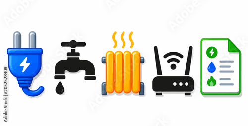 Utility symbols: electricity, water, heating, internet, and billing concept icons