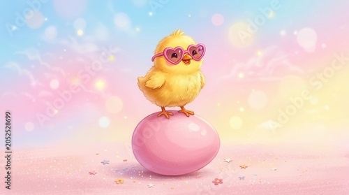 Whimsical digital illustration of a small Fluffy yellow chick wearing pink sunglasses sits