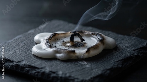 An extinguished white candle with a burnt wick and melted wax is smoking on a dark slate surface. Feeling of despair and burnout.