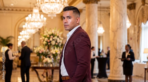 Confident young man in burgundy suit standing in luxury hotel lobby during gala.