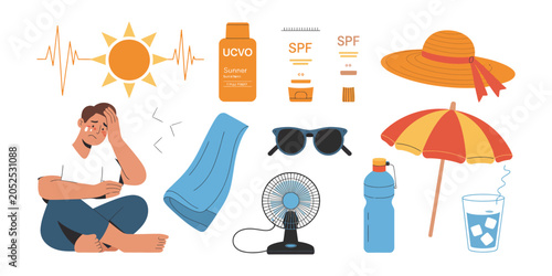 Konstfotografi Heatwave safety vector icons with cooling fan, sunscreen lotion, hydration, and