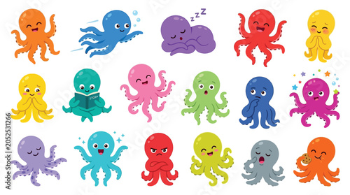 Bild auf Leinwand Collection of cute cartoon octopuses showing various emotions and activities