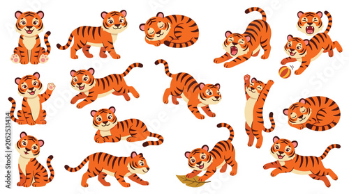 Photos Collection of cute cartoon tigers in various playful poses, isolated on a white background
