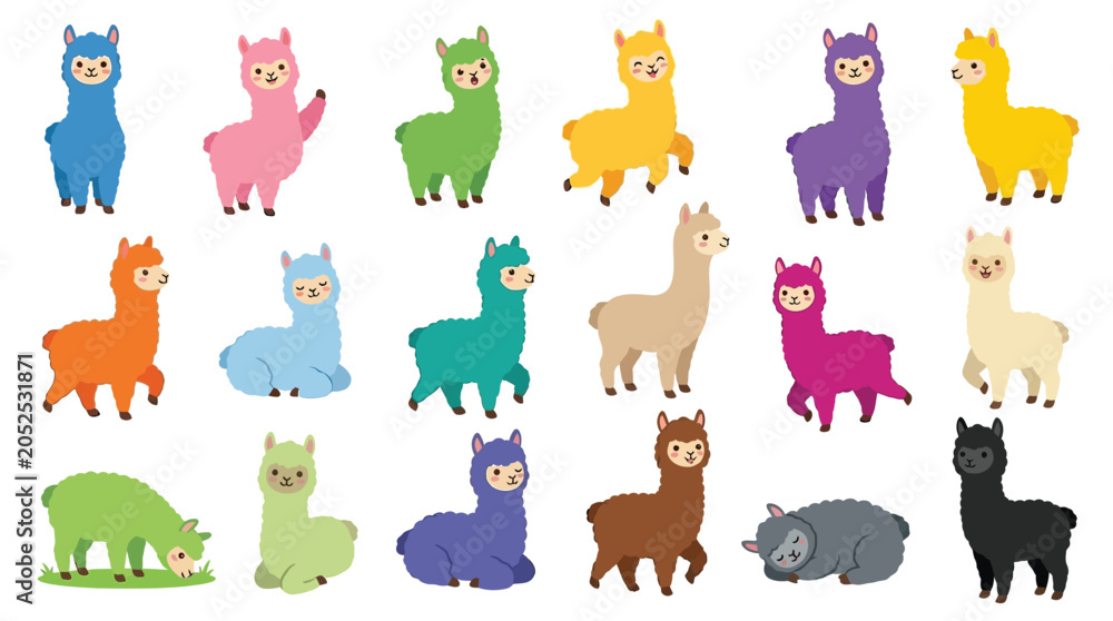 Fototapeta premium A vibrant collection of cartoon alpacas in various colors and poses, showcasing a playful and friendly atmosphere.