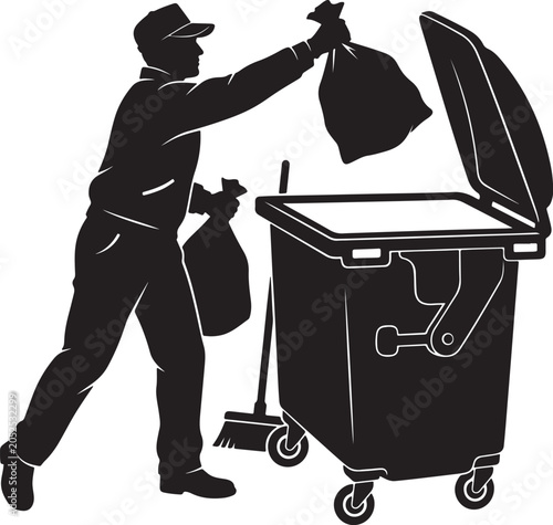 Garbage collector throwing trash bag into dumpster silhouette vector