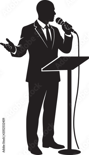 Businessman speaking at podium with microphone silhouette vector