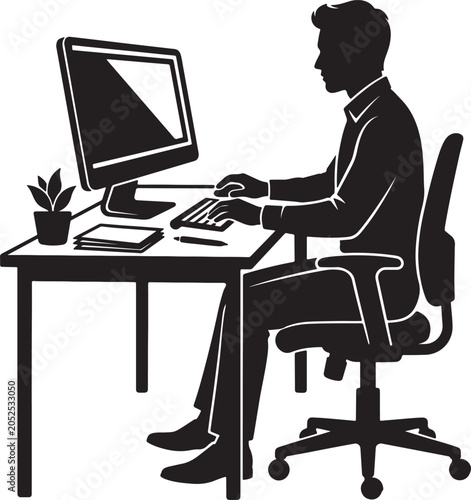 Man working on computer at desk side view silhouette vector