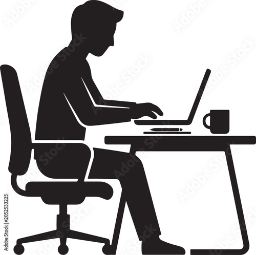 Man working on laptop at desk with coffee cup side view silhouette vector