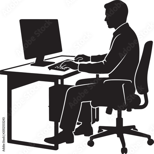 Businessman working on desktop computer at office desk silhouette vector