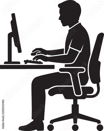 Man working on computer at desk side view silhouette vector