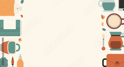 Minimalist vector background featuring office supplies, coffee mugs, and snacks arranged along the borders on a light beige surface.