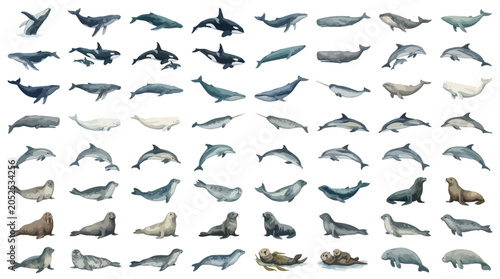 Obraz na płótnie Collection of various marine mammals including whales, dolphins, and seals, depicted in watercolor style