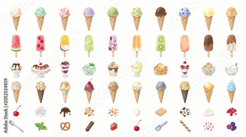 Tableau sur toile A large collection of various ice cream flavors and desserts in cones and cups, perfect for summer
