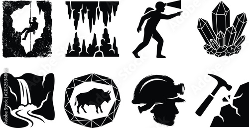 Foto Speleology and cave exploration black silhouettes icon set collection isolated o